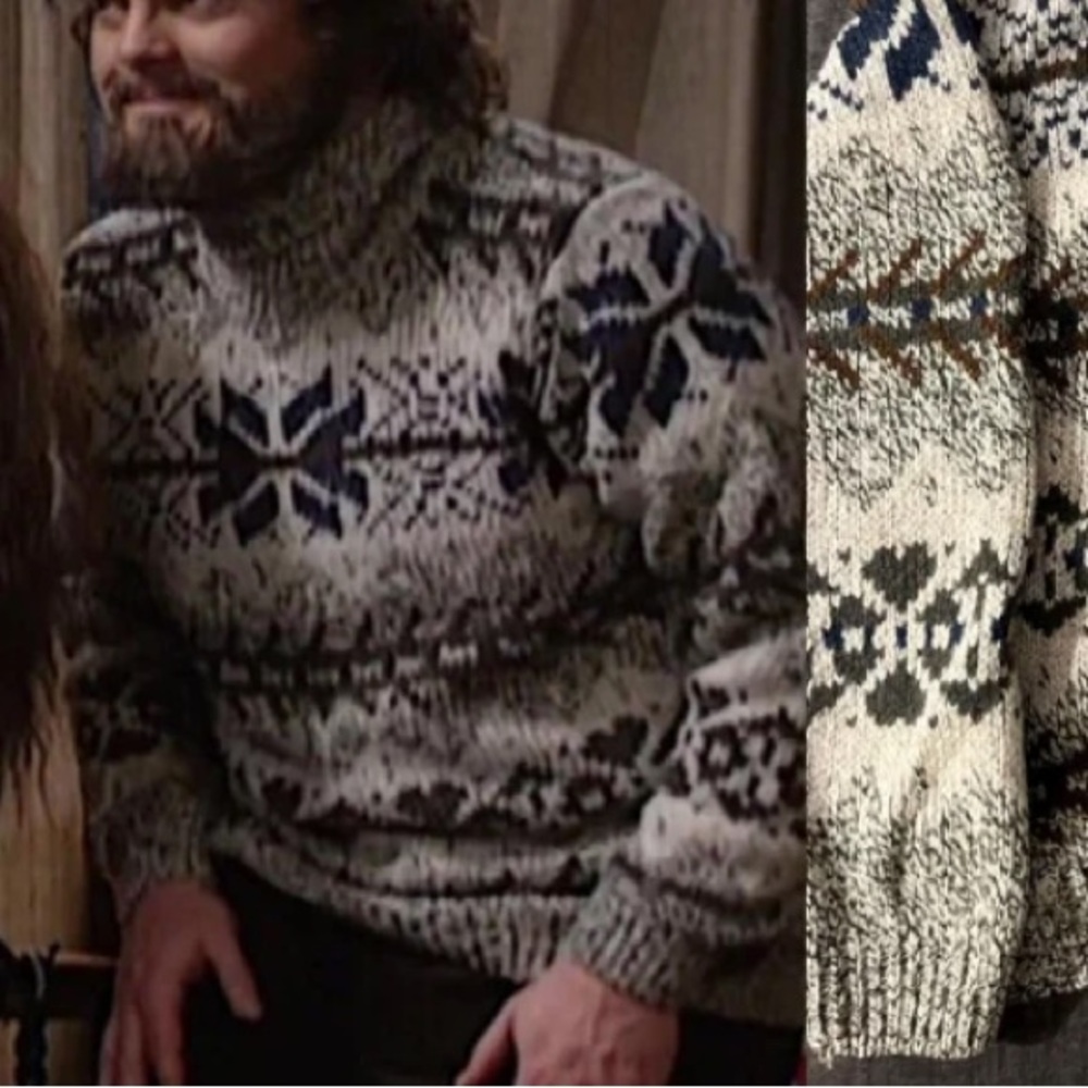 VINTAGE Hand Knitted Wool Blend Turtleneck Sweater Nordic Alpine Snowflakes XL